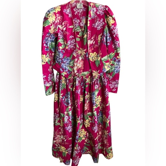 VTG 80’s Laura Ashley Maxi Pink Floral Cottagecore Prairie Dress W/Jacket Sz 14 - Picture 3 of 12